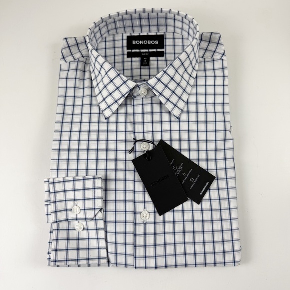 Bonobos Tech Button Down Mens Medium Reg Slim Fit White Blue Horden Check NWT